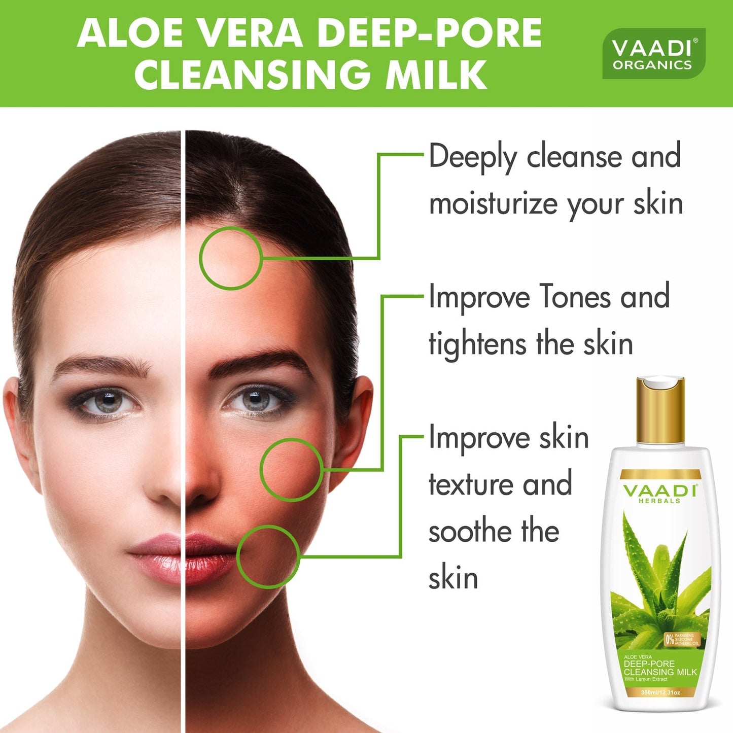Organic Aloe Vera Deep Pore Cleansing Milk with Lemon Extract - Softens Skin (350 ml/ 12 fl oz)