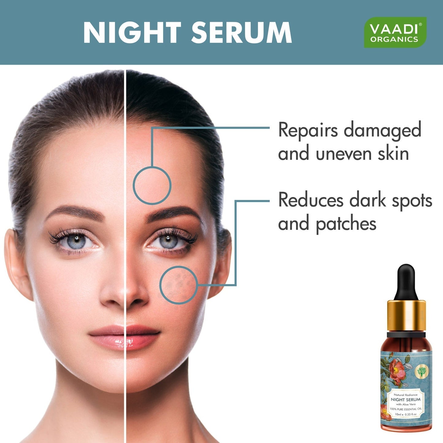 Natural Radiance Night Serum with Aloe Vera - Reduces Dark Spots & patches, Repairs Damaged & Uneven Skin (10 ml/ 0.33 oz)