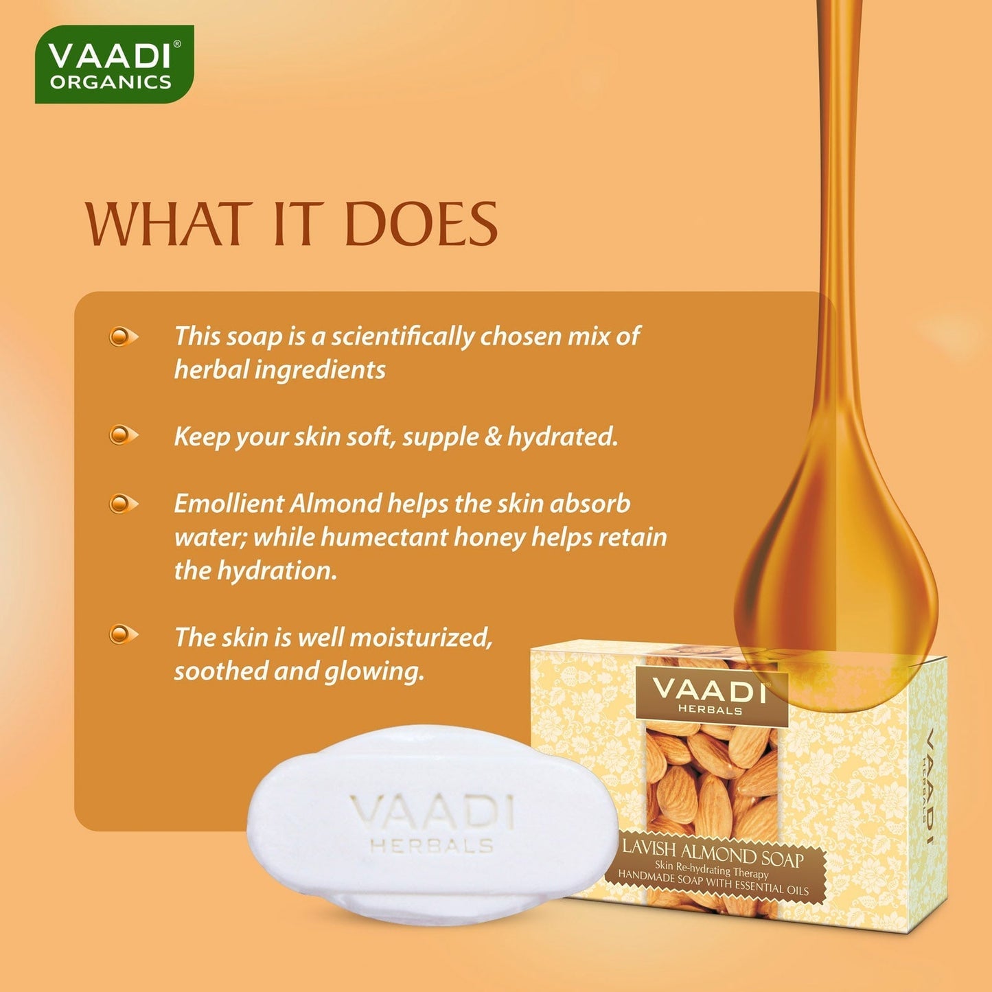 Rehydrating Organic Lavish Almond Soap with Honey & Aloe Vera - Improves Complexion (75 gms/2.7 oz)