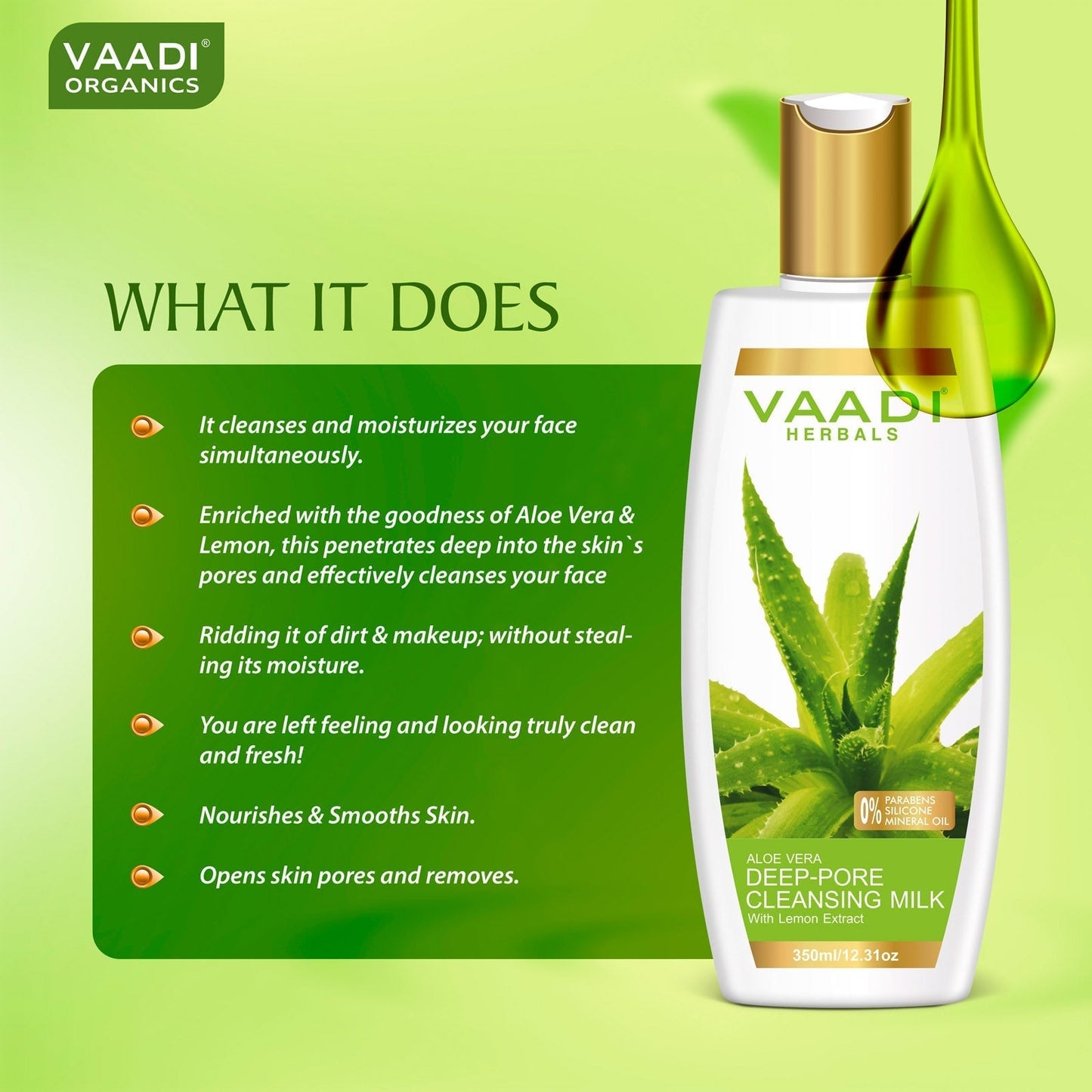 Organic Aloe Vera Deep Pore Cleansing Milk with Lemon Extract - Softens Skin (350 ml/ 12 fl oz)
