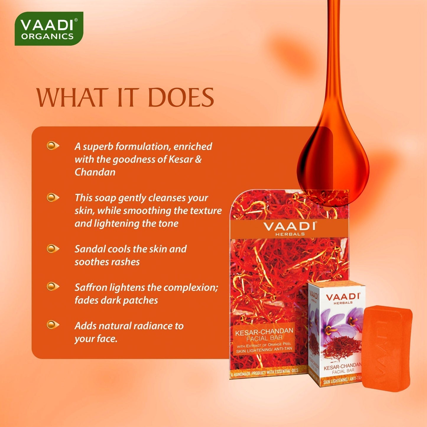Saffron Sandal Facial Bar with Orange Peel Extract - Reduces Marks (25 gms/0.9 oz)