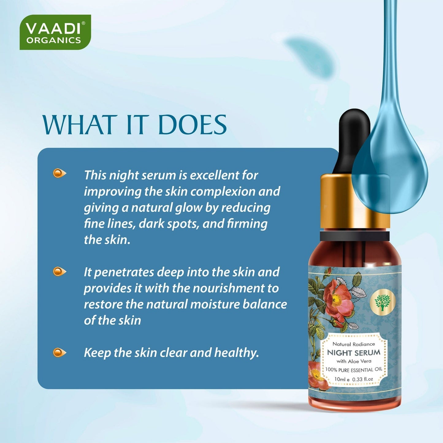 Natural Radiance Night Serum with Aloe Vera - Reduces Dark Spots & patches, Repairs Damaged & Uneven Skin (10 ml/ 0.33 oz)