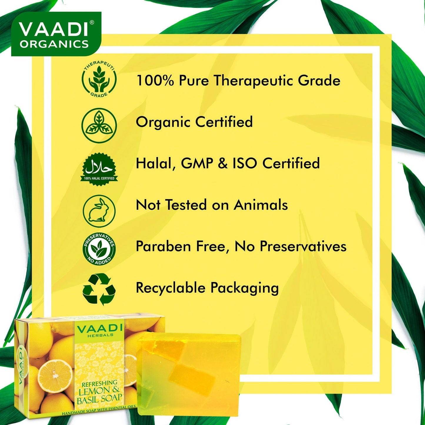 Refreshing Organic Lemon & Basil Soap - Tones & Brightens Skin (6 x 75 gms / 2.7 oz)