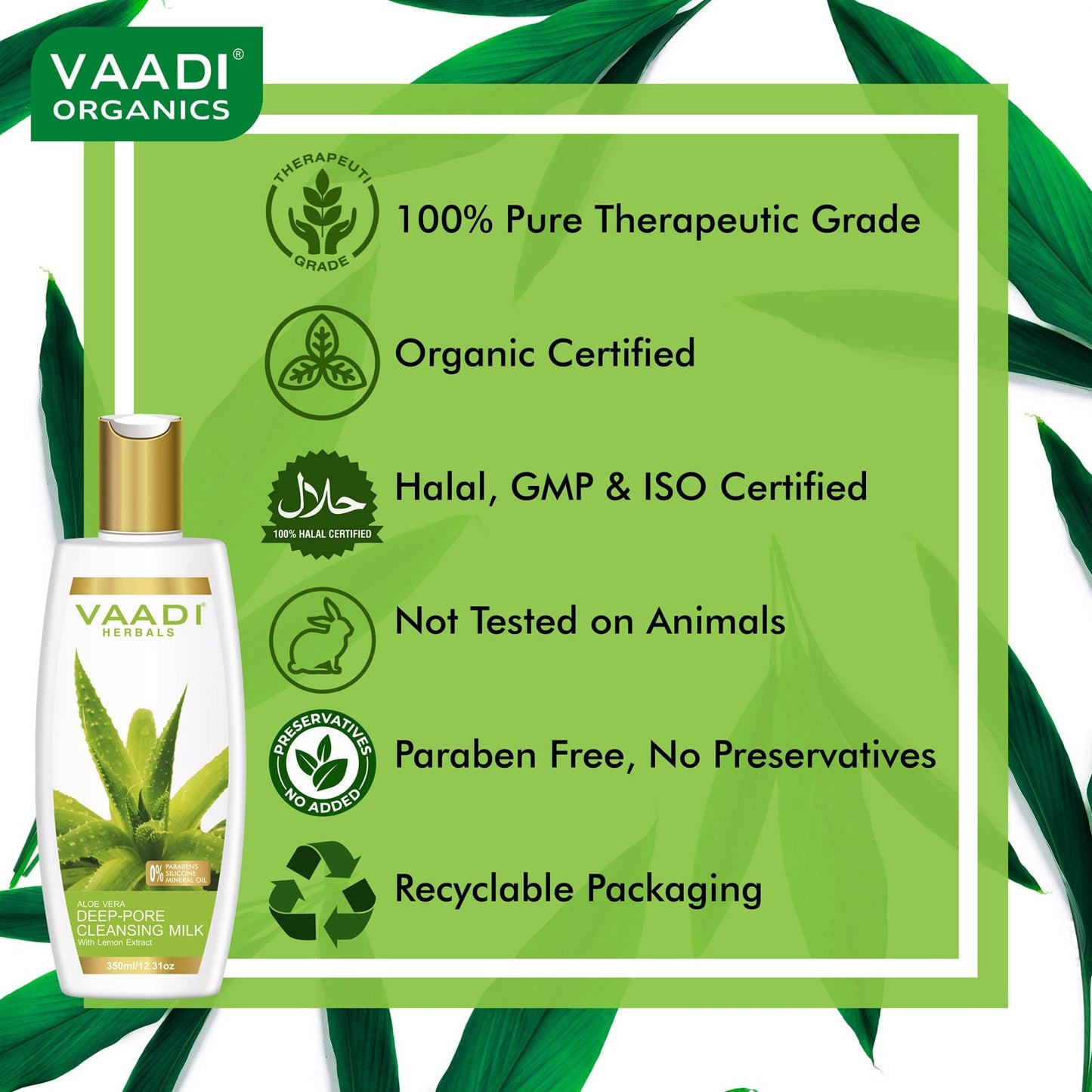 Organic Aloe Vera Deep Pore Cleansing Milk with Lemon Extract - Softens Skin (350 ml/ 12 fl oz)