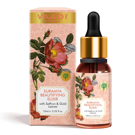 Suramya Beautifying Elixr (Pure Mix of Saffron, 24k Gold Leaves & Sweet Almond Oil) - Reduces Fine Lines, Improves Skin Complexion & Gives a Natural Glow (10 ml/ 0.33 oz)