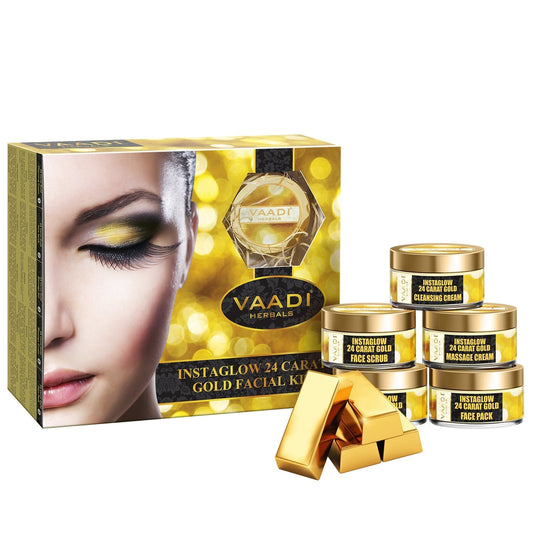 Organic 24 Carat Gold Facial Kit with Gold Leaves, Marigold & Wheatgerm Oil, Lemon Peel - Brightens Skin and Gives Glow (270 gms/9.6 oz)