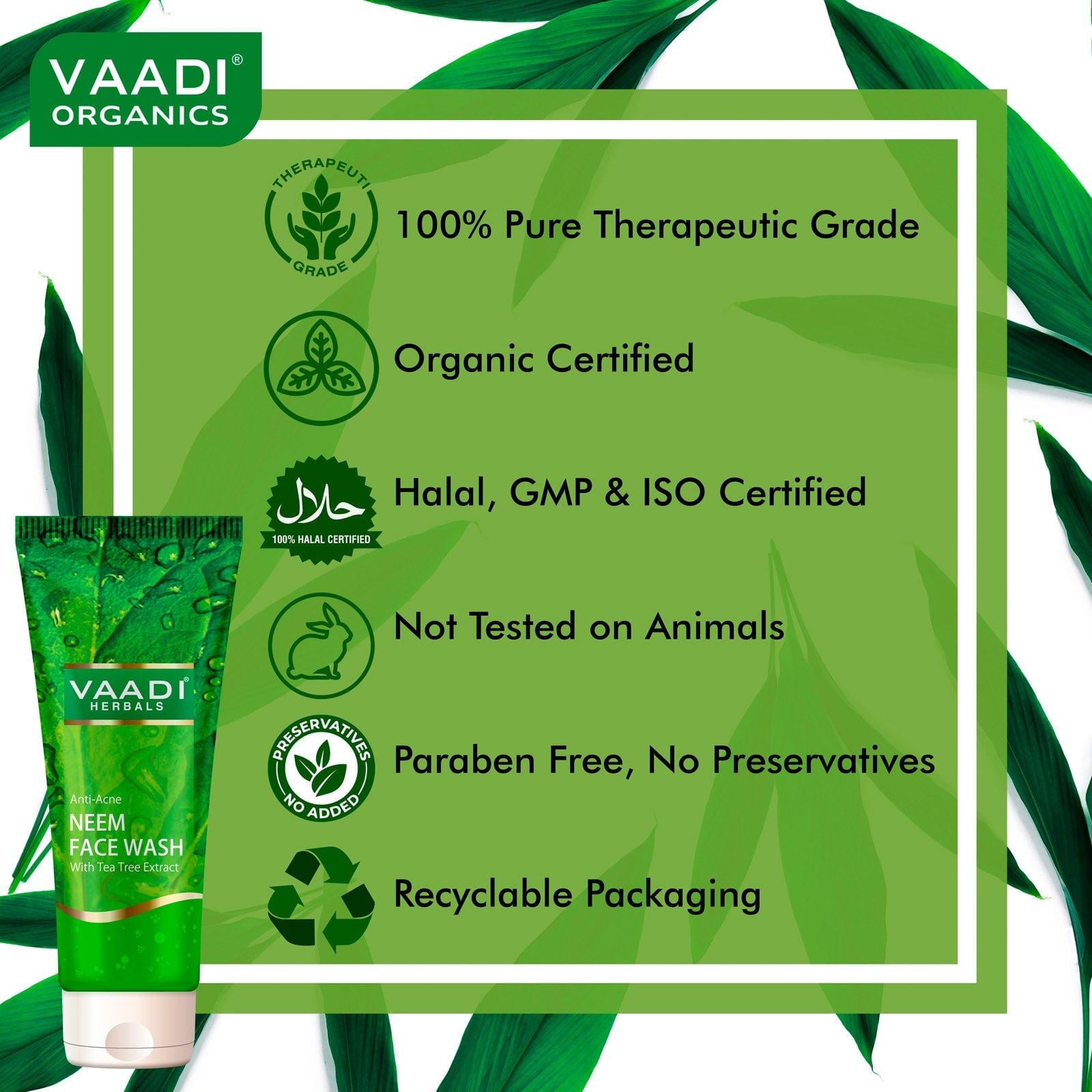 Anti Acne Anti Bacterial Organic Neem Face Wash with Tea Tree Extract - Controls Acne ( 4 x 60 ml/2.1 fl oz)